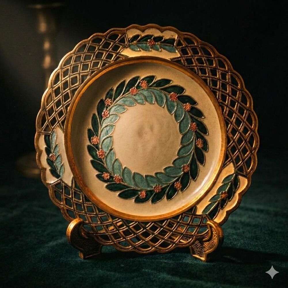 Vintage Enameled Brass Wall Plate – Laurel Wreath Lattice Rim Catchall